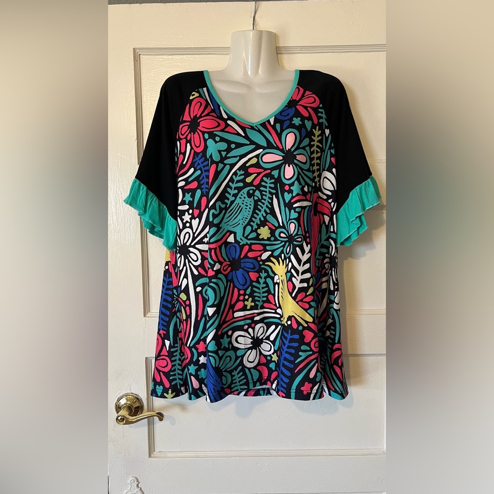 Black Multicolor Floral & Bird V-Neck Blouse with Turquoise Trim